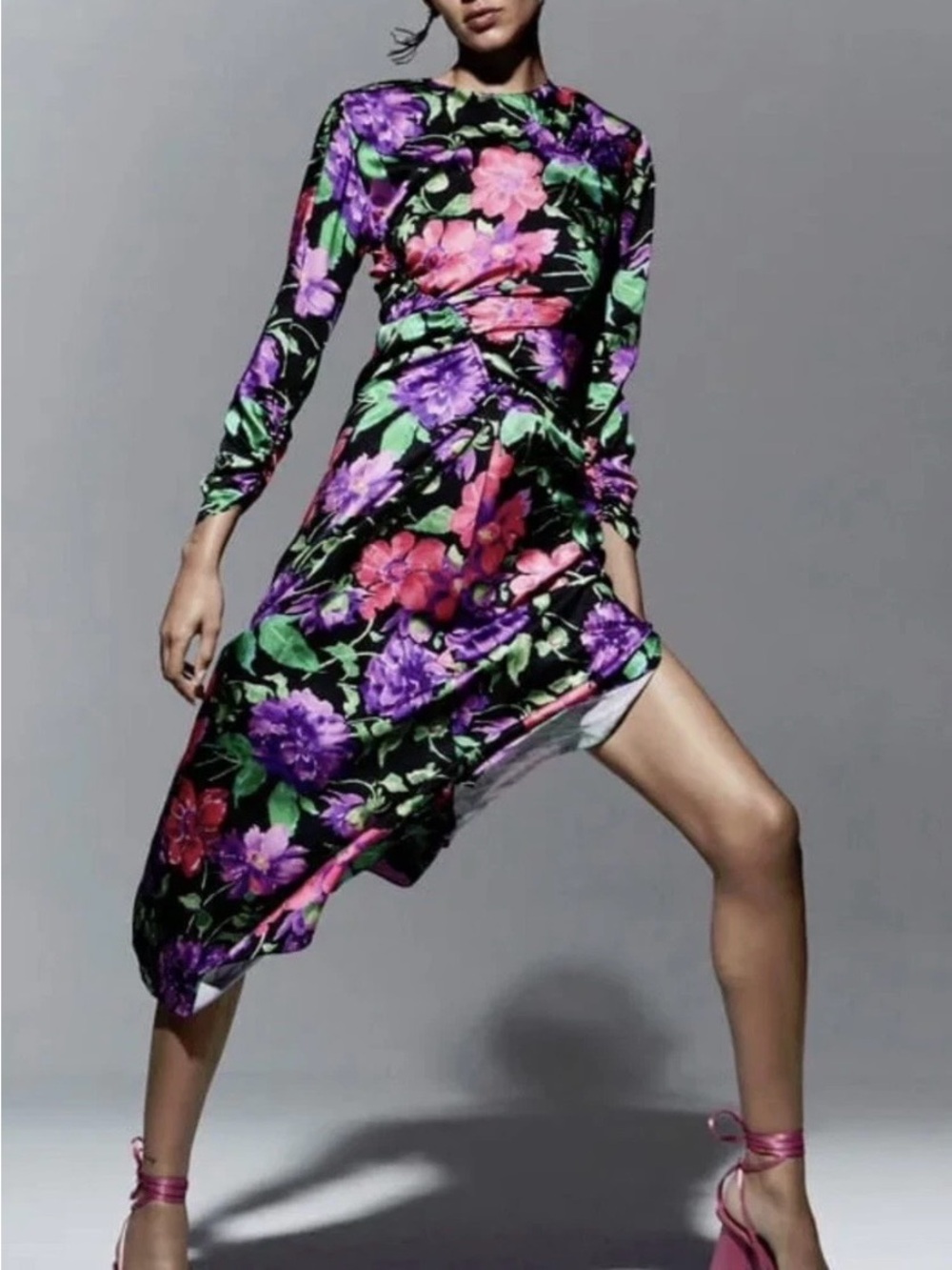 Zara Extra Small Midi Dress with Pink & Purple Floral Print